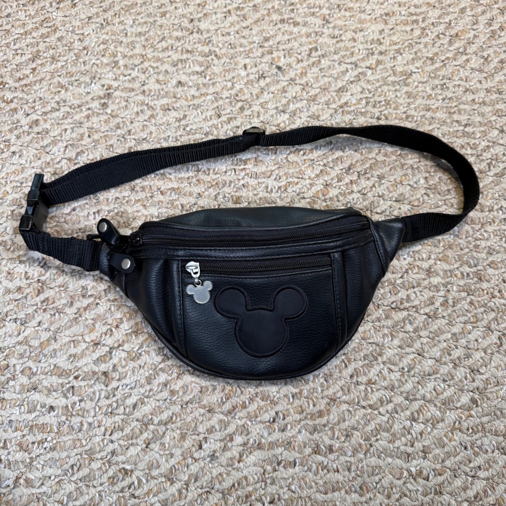 VTG Walt Disney World Mickey Mouse Black Faux Leather Waist Bag Fanny Pack